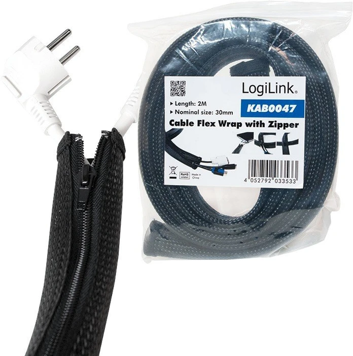 LogiLink Flexibler Kabelschutz Kabelmanagement mit Reißverschluss, 20mm, 2m, schwarz