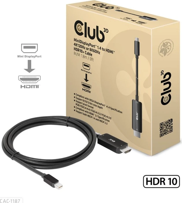 Club 3D Mini DisplayPort 1.4/HDMI 2.1 Adapterkabel schwarz, 1.80m