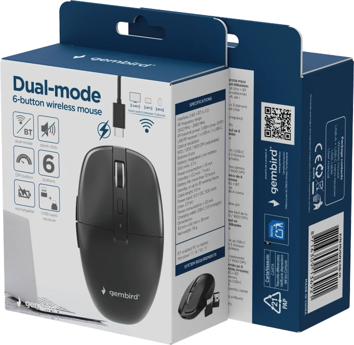 Gembird Dual-Mode 6-Button Wireless Mouse schwarz, USB/Bluetooth