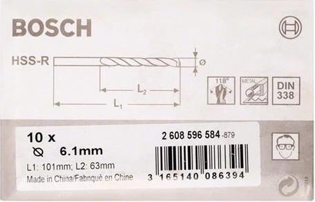 Bosch Professional HSS-R Spiralbohrer, 6.1x63x101mm, 10 Stück