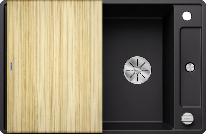 Blanco Axia III 45 S-F InFino Becken reversibel mit Ablauffernbedienung schwarz inkl. Holzschneidebrett