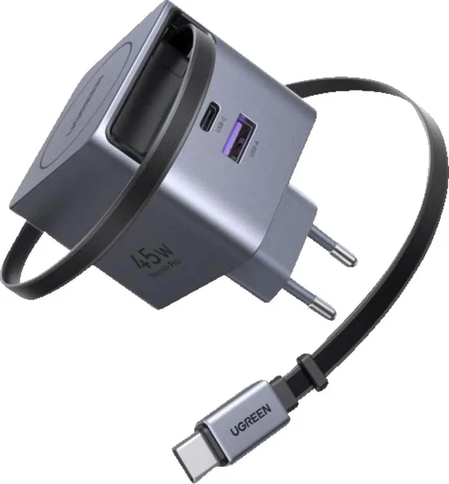 Ugreen Nexode Pro 45W GaN Fast Charger with Retractable Cable schwarz/silber