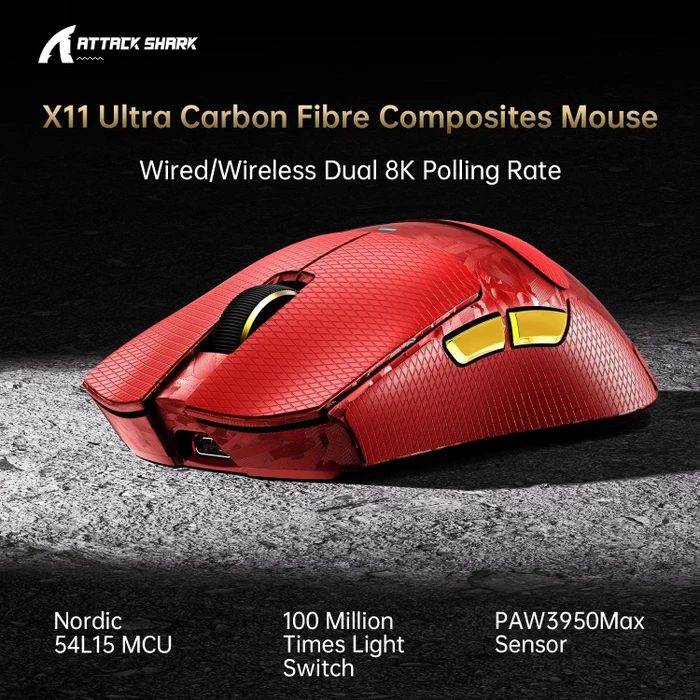 Attack Shark X11 Ultra Carbon Fiber 8KHz Wireless, Forged Red, inkl. Grip Tape, USB/Bluetooth