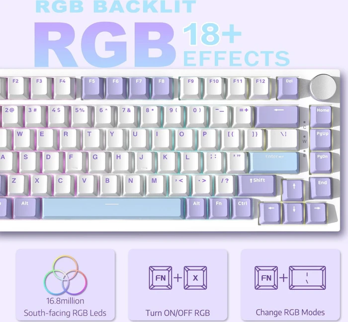 Ajazz AK820, White Purple, LEDs RGB, hot-swap, Ajazz Sea Salt, USB, US