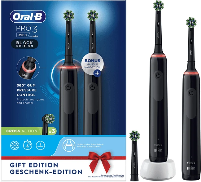 Oral-B Pro 3 3900 schwarz/schwarz + 2. Handstück + 3 Aufsteckbürsten