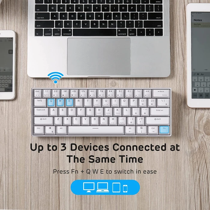 RK Royal Kludge RK61 60% Wireless, weiß, LEDs blau, hot-swap, RK BLUE, USB/Bluetooth, US