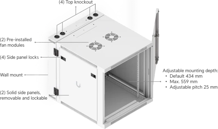 Ubiquiti 12U Rack Cabinet, 19" Wandgehäuse 12HE, Glastür, weiß, 703mm tief
