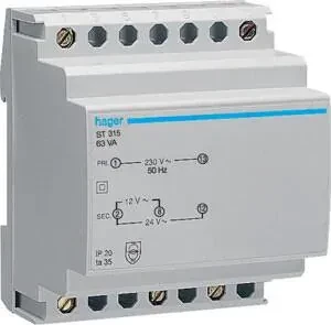 Hager Sicherheitstrafo 230V/12V und 24V 63VA 6PLE