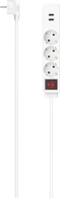 Hama Steckdosenleiste mit Schalter, 3-fach, 2x USB, 1.4m, weiß