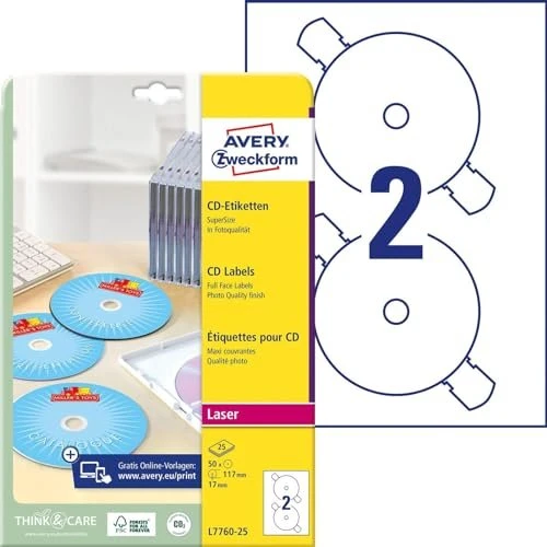 Avery-Zweckform CD-Etiketten, 117mm, weiß, glänzend, 25 Blatt (50 Etiketten)