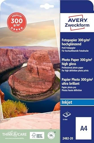 Avery-Zweckform Premium Inkjet Fotopapier hochglänzend weiß, A4, 300g/m², 20 Blatt