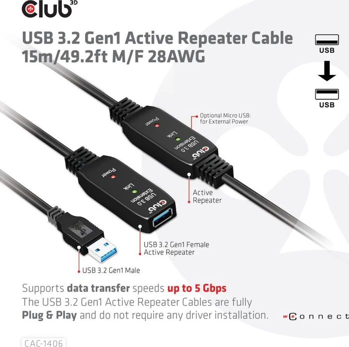 Club 3D USB 3.0 aktives Verlängerungskabel A/A, 15m