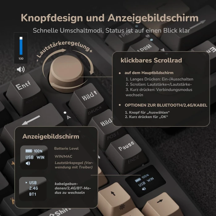 RK Royal Kludge M75 Wireless, grau/schwarz, LEDs RGB, hot-swap, RK RED, USB/Bluetooth, DE