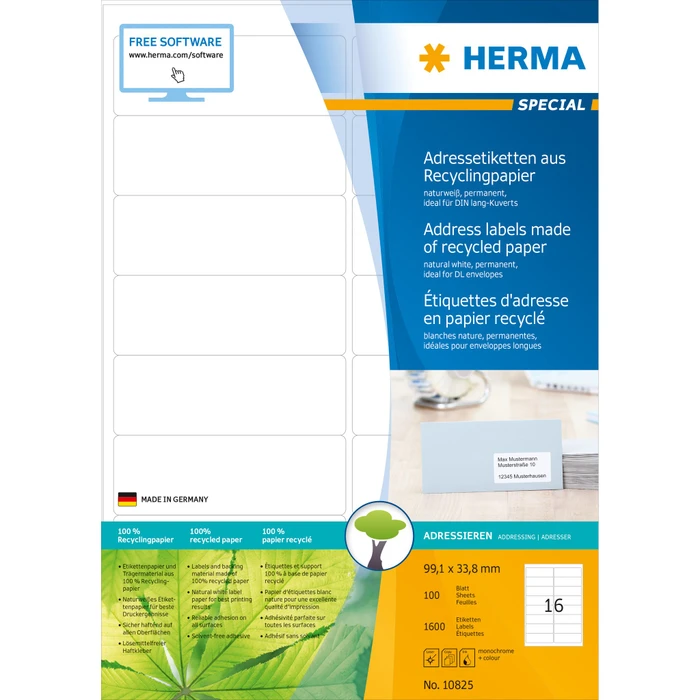 Herma Etiketten Recycling, 99.1x33.8mm, weiß, matt, 100 Blatt (1600 Etiketten)