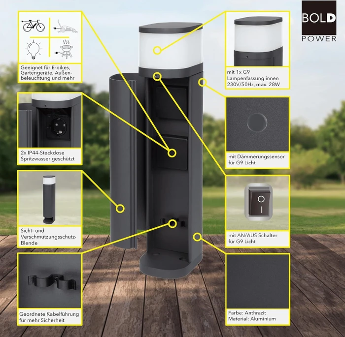 Bold Volo Outdoor Steckdose mit Beleuchtung, 2-fach, anthrazit