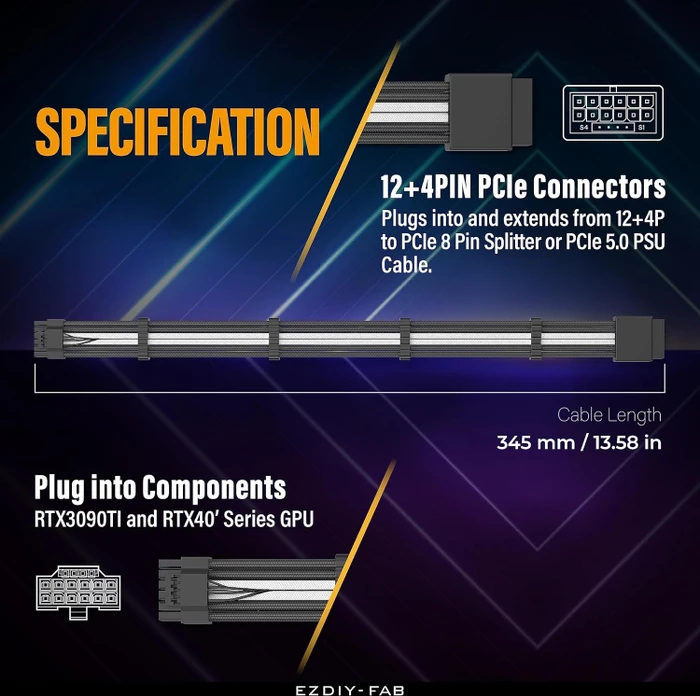 EZDIY-FAB 12VHPWR Kabel, 16-Pin PCIe Verlängerungskabel, 16-Pin PCIe 5.0 12VHPWR Buchse auf 16-Pin PCIe 5.0 12VHPWR Stecker, 16AWG, schwarz/weiß, 30cm