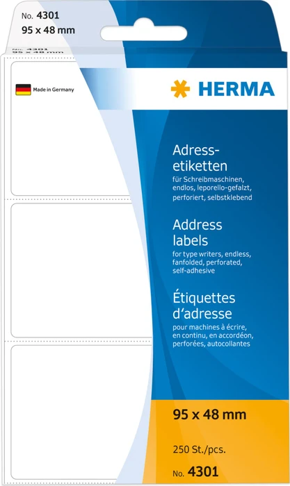Herma Etiketten gefalzt, 95x48mm, weiß, matt, 250 Etiketten