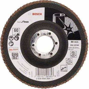 Bosch Professional X581 Best for Inox Fächerschleifscheibe gewinkelt K60, 115x22.23mm, 1 Stück
