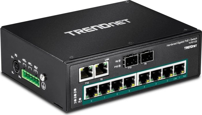 TRENDnet TI Hardened Industrial Railmount Gigabit Switch, 8x RJ-45, 2x RJ-45/SFP, 240W PoE+