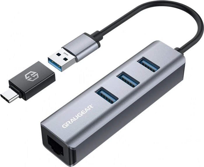 Graugear G-HUB31L-A, LAN-Adapter, USB-Hub, RJ-45, USB-A 3.0 [Stecker]