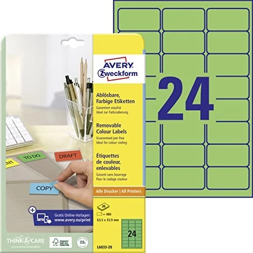 Avery-Zweckform Ordneretiketten, 63.5x33.9mm, ablösbar, grün, 20 Blatt (480 Etiketten)