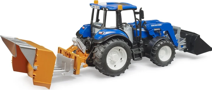 Bruder New Holland T5.120 mit Frontlader, Ladekasten, Gabeln und Rundballen