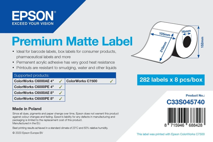 Epson Endlosetiketten Premium Matte, 102x51mm, weiß, 1er-Pack (282 Etiketten) (C33S045722)