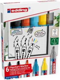 edding 380/383/385 Flipchartmarker schwarz/schwarz/gelb/orange/hellblau/silbergrau, 6er-Set