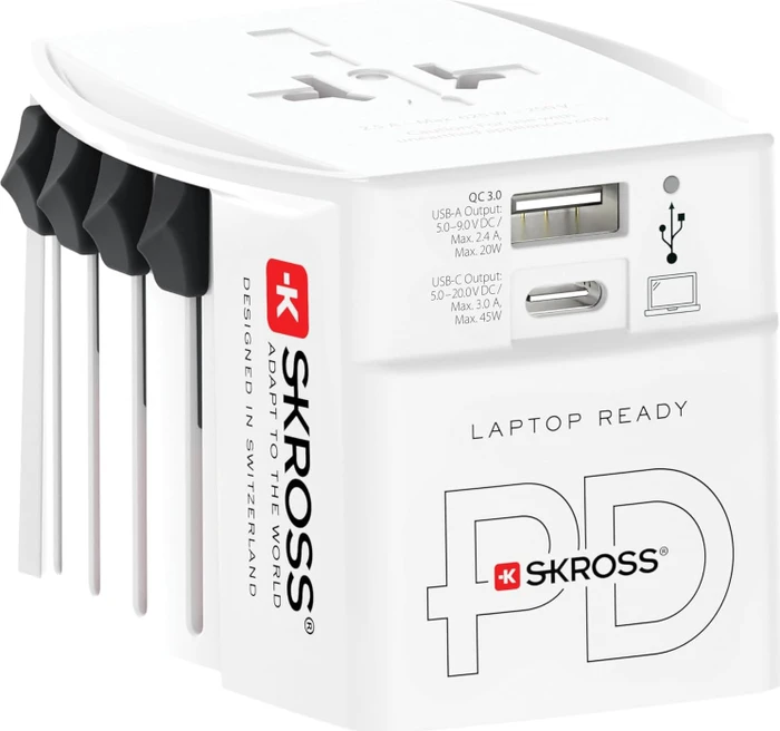 Skross World Travel Adapter MUV USB AC45PD, 1x USB-A, 1x USB-C, mit USB-C Kabel, weiß (1.302975) – Bild 2 von 6