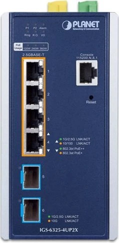Planet IGS-6325 Industrial Railmount 2.5G Managed Switch, 4x RJ-45, 2x SFP+, 240W PoE++
