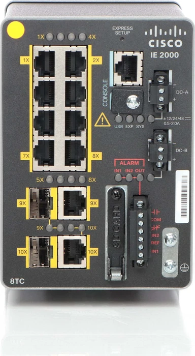 Cisco IE 2000 LAN Base Industrial Railmount Managed Switch, 8x RJ-45, 2x RJ-45/SFP