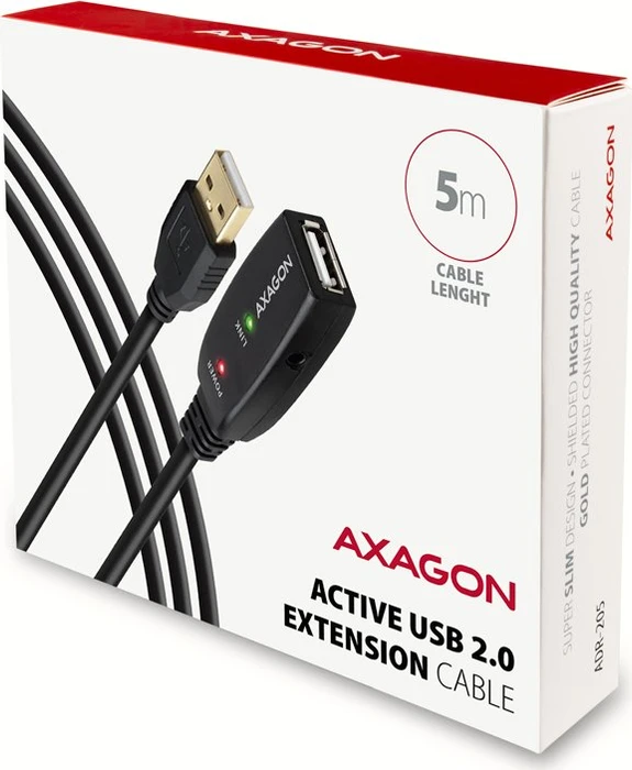 Axagon USB-A Verlängerung, USB 2.0, 480Mb/s, USB-A 2.0 [Stecker] auf USB-A 2.0 [Buchse], aktiv, Verlängerungskabel A/A, 5m