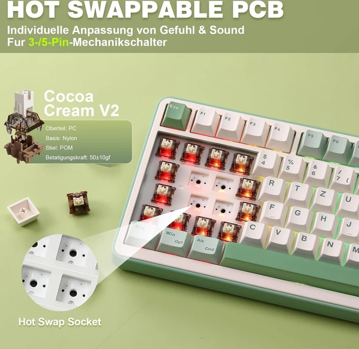 Yunzii B75 Pro, Matcha Green, beige, Cocoa Cream V2, USB/Bluetooth, DE