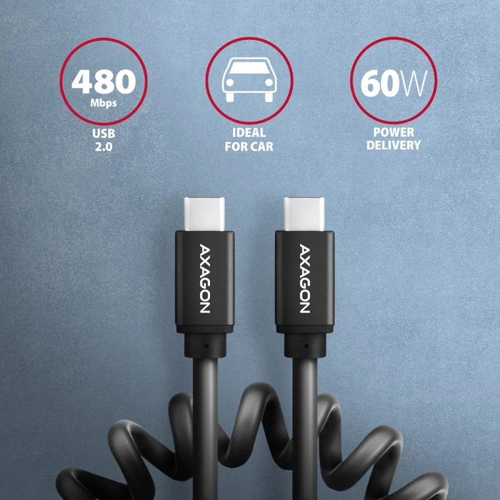 Axagon USB-C Kabel, Twister, USB 2.0, 480Mb/s, 60W PD, USB-C [Stecker] auf USB-C [Stecker], 0.6m
