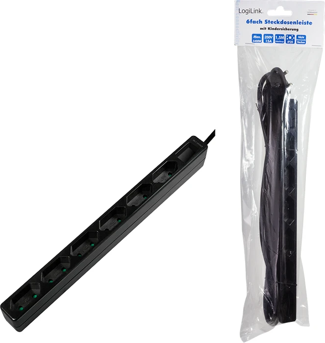 LogiLink Steckdosenleiste, 6-fach, Euro schmal, 1.5m, schwarz