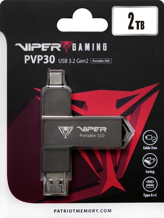 Patriot Viper PVP30 Duo Compact Portable SSD 2TB, USB-A + USB-C, USB 3.2 Gen 2×1