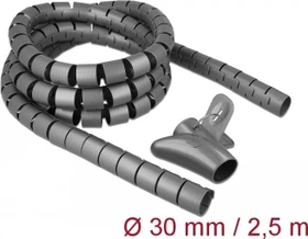 DeLOCK Spiralschlauch Kabelkanal mit Einziehwerkzeug, 30mm, 2.5m, grau