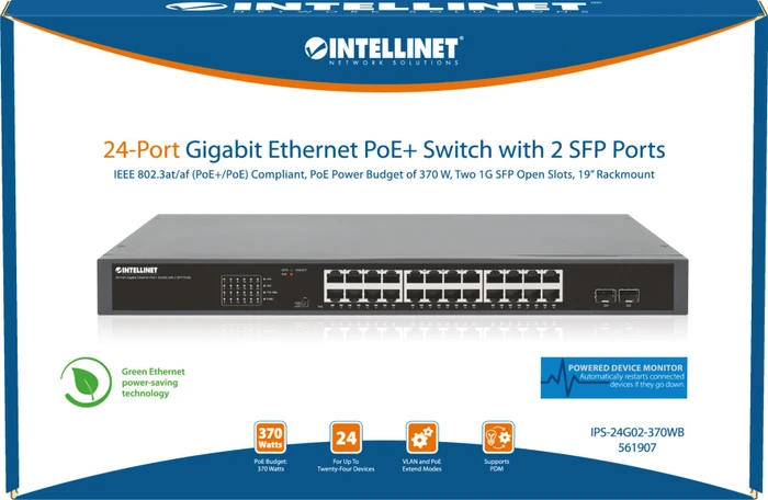 Intellinet Rackmount Gigabit Switch, 24x RJ-45, 2x SFP, 370W PoE+