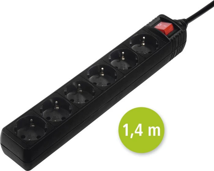 Hama Steckdosenleiste mit Schalter, 6-fach, 1.4m, schwarz