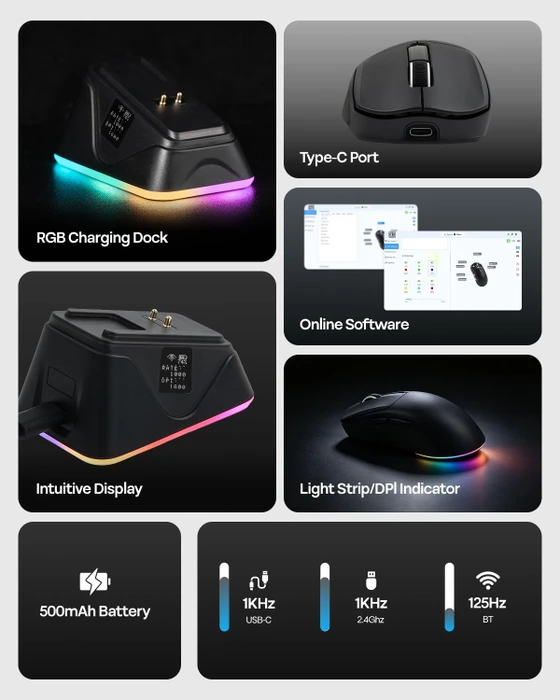 Epomaker Nex Lite Wireless Gaming Mouse mit Ladestation, schwarz, USB/Bluetooth