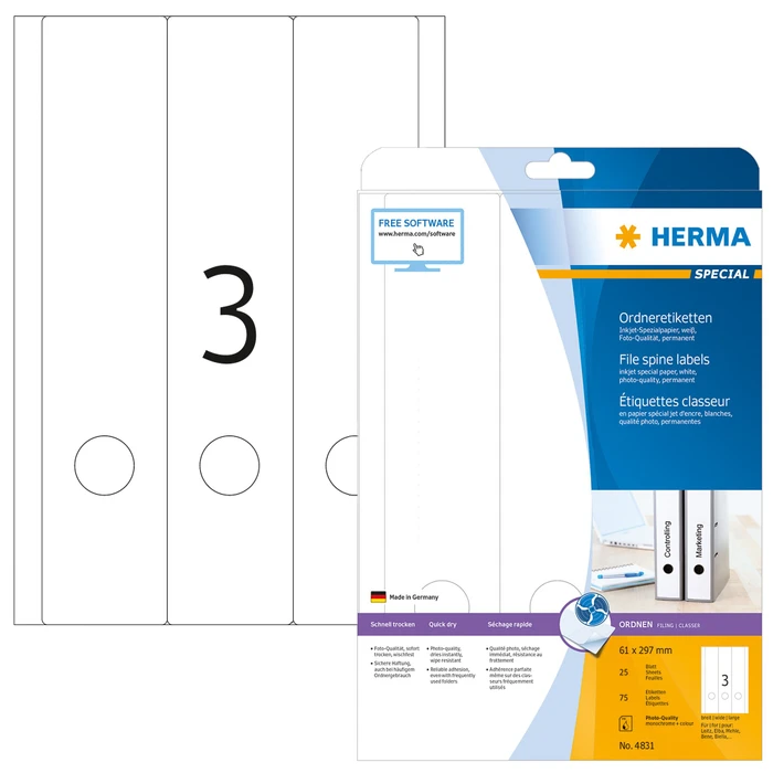 Herma Ordneretiketten Inkjet, 61x297mm, weiß, 25 Blatt (75 Etiketten)