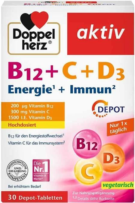 Doppelherz aktiv B12 + C + D3 Energie + Immun Depot Tabletten, 30 Stück