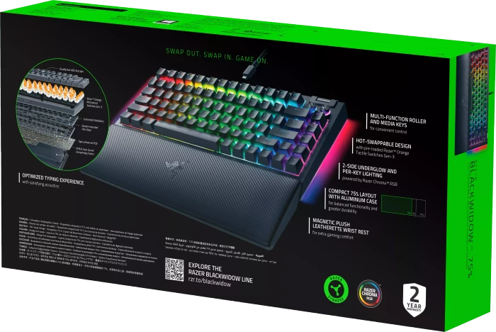 Razer BlackWidow V4 75%, hot-swap, Razer ORANGE Tactile Gen-3, USB, EN