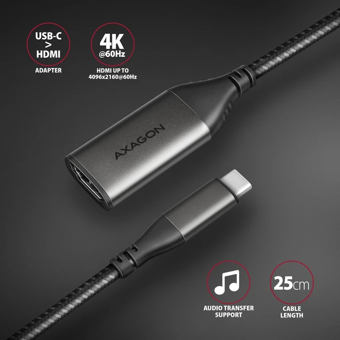 Axagon HDMI Adapterkabel, USB-C [Stecker] auf HDMI 2.1 [Buchse], 4K60Hz, Adapterkabel, 25cm