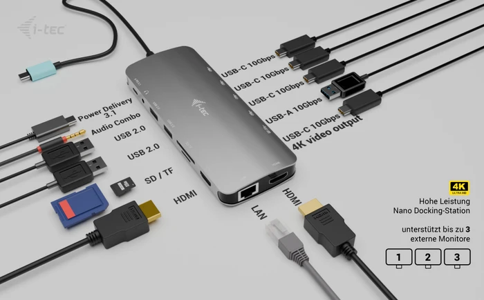 i-tec Metal Nano 3x Display Dock, USB PD 140W, USB-C 3.1 [Stecker]
