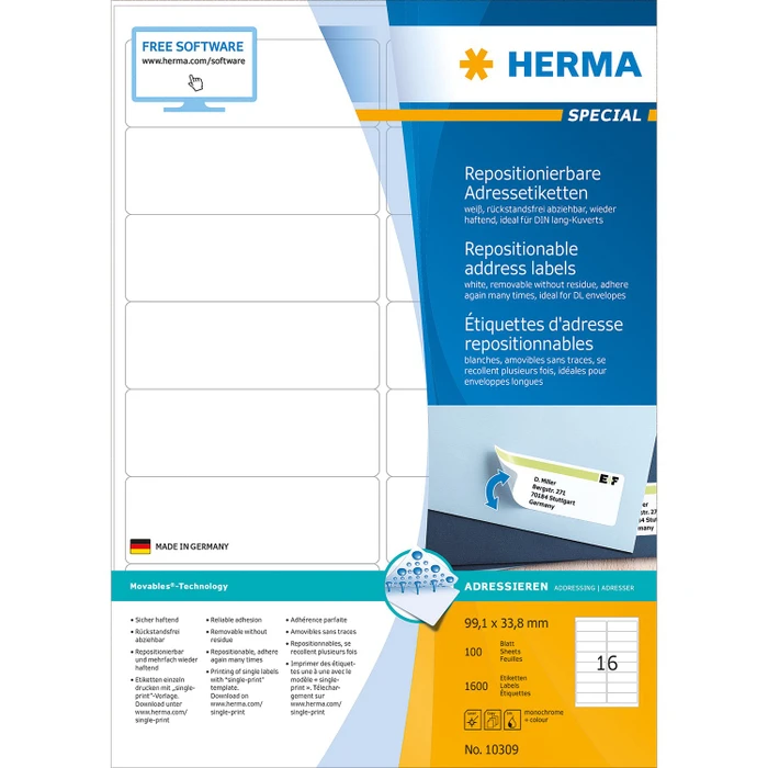 Herma Adressetiketten, 99.1x33.8mm, ablösbar, weiß, matt, 100 Blatt (1600 Etiketten)