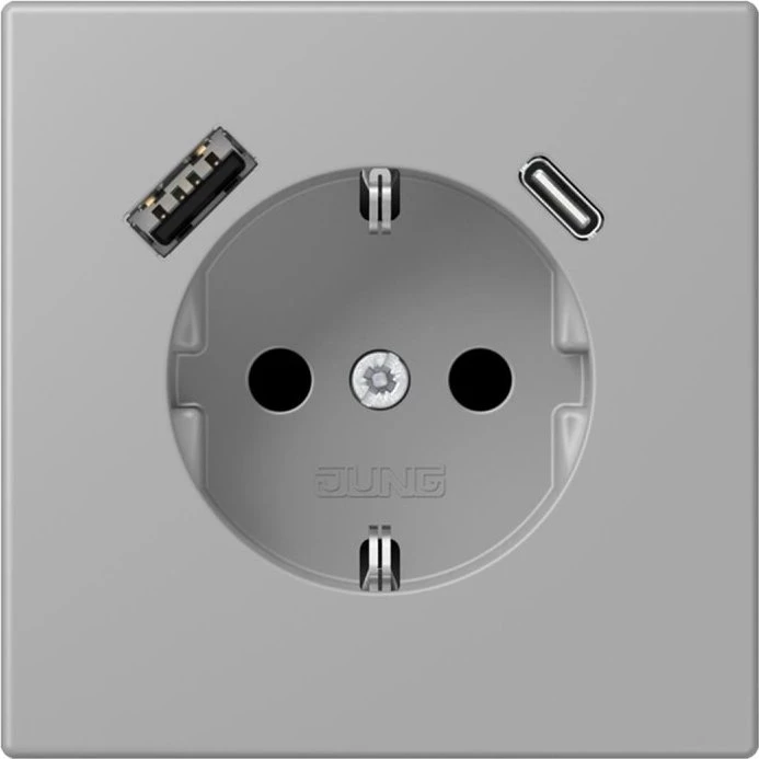 Jung Serie LS SCHUKO-Steckdose mit USB-Ladegerät Safety+, gris moyen