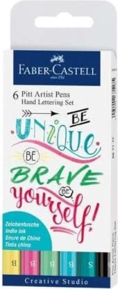 Faber-Castell PITT artist Pen Hand Lettering Set Pastelltöne pastellgelb/pastellrosa/pastelltürkis/pastellhellgrün/pastellgrün/schwarz, 6-teilig
