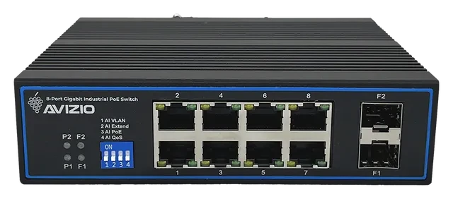Avizio SU Railmount Gigabit Switch, 8x RJ-45, 2x SFP, 96W PoE+