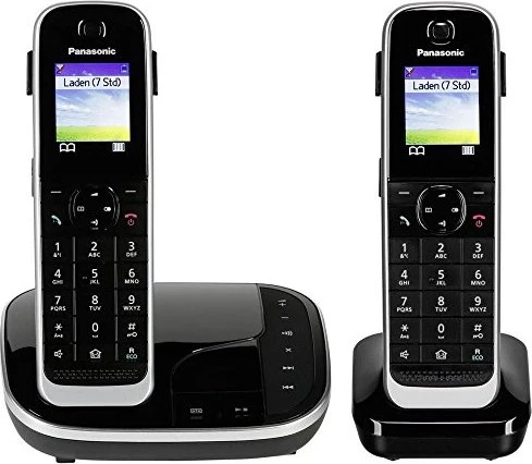 Panasonic Schnurlostelefon Anrufbeantworter mit Rufnummernanzeige DECT Schwarz + zusätzliches Handset (KX-TGJ322GB) Image